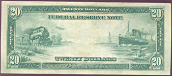 1914 $20.00 St. Louis.  Blue Seal. AU.