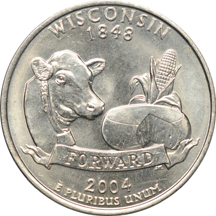 Six 2004-D Wisconsin Extra Leaf Statehood quarters.