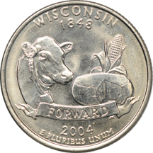 Six 2004-D Wisconsin Extra Leaf Statehood quarters.