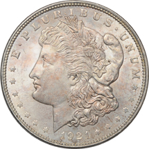 1921 Morgan dollar MS-64 and 1905 Coronet quarter-eagle MS-60.