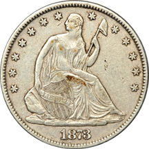 Three 1873 Liberty Seated half-dollars.