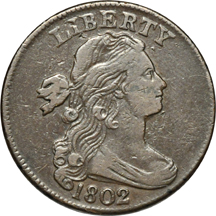Five 1802 Draped Bust Large cents.