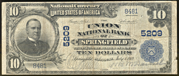 1902 $10.00. Springfield, MO Charter# 5209 Blue Seal. F.