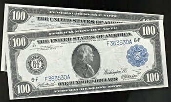 Sequential Pair of 1914 $100.00 Atlanta.  Blue Seal. CHCU.