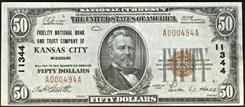 1929 $50.00. Kansas City, MO Charter# 11344 Ty. 1. XF.