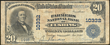 1902 $20.00. Cushing, OK Charter# 10332 Blue Seal. F.