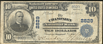 1902 $10.00. Champaign, IL Charter# 2829 Blue Seal. F.