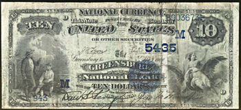 1882 $10.00. Greensburg, IN Charter# 5435 Date Back. F.