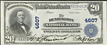 1902 $20.00. Huntington, WV Charter# 4607 Blue Seal. AU.