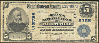 1902 $5.00. Fayetteville, AR Charter# 8786 Blue Seal. F.