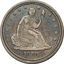 Three Seated Liberty quarters.