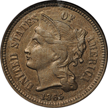 1865 (x3), 1868 and 1873 "Closed 3" certified Nickel Three-Cent Pieces.