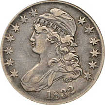 Seven certified Capped Bust half-dollars.