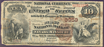 1882 $10.00. Nevada, MO Charter# 3959 Brown Back. VG.