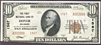 1929 $10.00. Dover, DE Charter# 1567 Ty. 2. CU.
