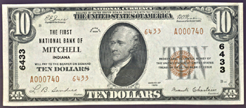 1929 $10.00. Mitchell, IN Charter# 6433 Ty. 2. GemCU.