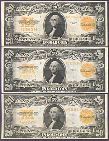 Three 1922 $20.00.  XF.