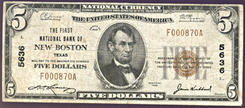 1929 $5.00. New Boston, TX Chater 5636 Ty. 1. VG.