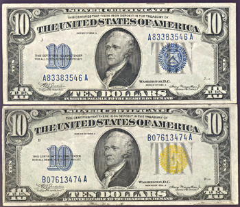 1934-A $10.00 North Africa VF and 1934-A Silver Certificate XF.