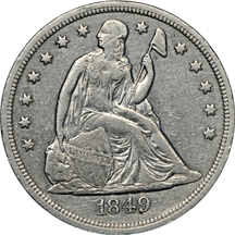 Five Seated Liberty silver type coins.