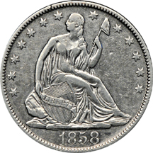 Five Seated Liberty silver type coins.