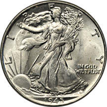 One BU roll of 1945 Walking Liberty half-dollars.