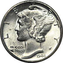 One BU (tube) roll of 1944-D Mercury dimes.