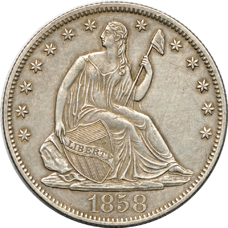 Seventeen Seated Liberty half-dollars.