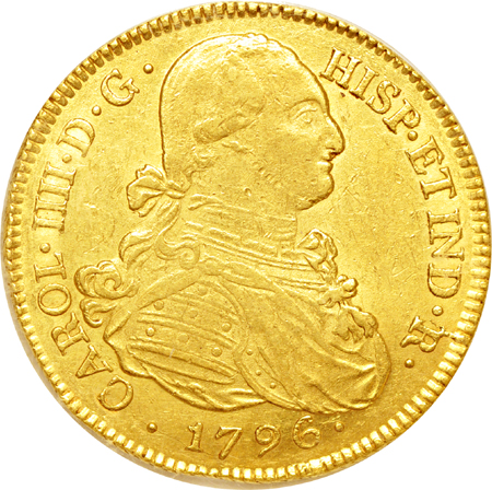 1796 P-JF Popayan, Carlos IIII Columbia gold 8 Escudos (KM-62.2). XF.