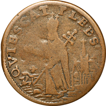 (1663 - 1672) New Jersey St. Patrick or Mark Newby Farthing. Breen 212, Griffee 33-8/3a, High Rarity-7, 84.5 grains. VF.