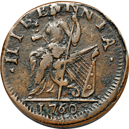 1760 Voce Populi, "VOOE" variety, Halfpenny. Nelson 3, Zelinka 7-E, Breen 227. Rarity-3, 116.3 grains. VF.