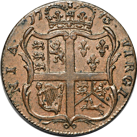 1773 Virginia Halfpenny, Period After GEORGIVS, Seven Harpstrings, Newman 27-J. Rarity-2, 115.4 grains. MS-60.