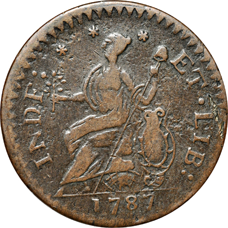 1787 Connecticut Copper. "Laughing Head" obverse. Miller 6.1-M, Rarity-1, 111.2 grains. XF-40.