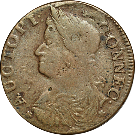 1787 Connecticut Copper, "AUCTOPI" obverse, "ET IIB" reverse. Miller 42-kk.2, High Rarity-5, 148.0 grains. VF.