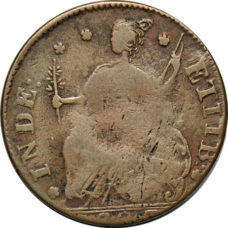 1787 Connecticut Copper, "AUCTOPI" obverse, "ET IIB" reverse. Miller 42-kk.2, High Rarity-5, 148.0 grains. VF.