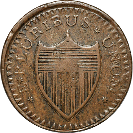 1787 New Jersey Copper, Large Planchet Sub-Type. Maris 64-t, Rarity-1, 149.5 grains. XF.