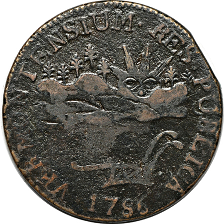 1786 Vermont Copper, "VERMONTENSIUM" variety. Ryder 6, Rarity-3, 114.1 grains. VF.