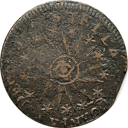 1786 Vermont Copper, "VERMONTENSIUM" variety. Ryder 6, Rarity-3, 114.1 grains. VF.