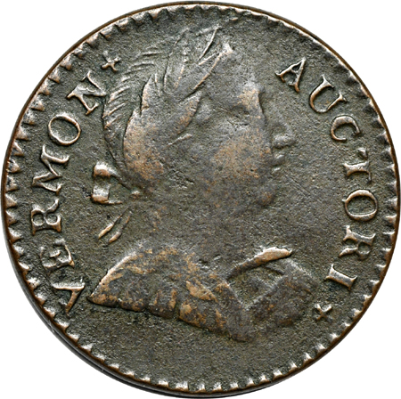 1788 Vermont Copper, "Horned Bust" obverse. Ryder 25, High Rarity-2, 121.5 grains. XF.