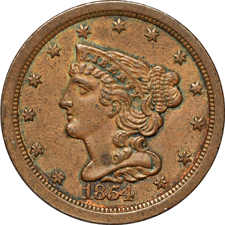 1854 Braided Hair Half Cent and Large Cent pairing.