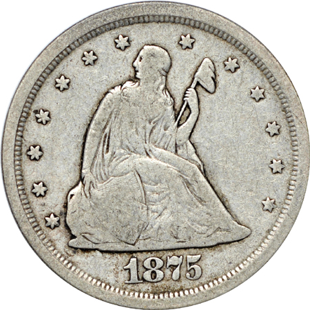 Five 1875-S Twenty-Cent Pieces.