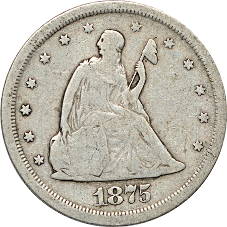 Five 1875-S Twenty-Cent Pieces.