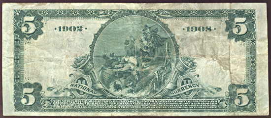 1902 $5.00. Highland, IL Date Back Charter# 6653 Blue Seal. VF.