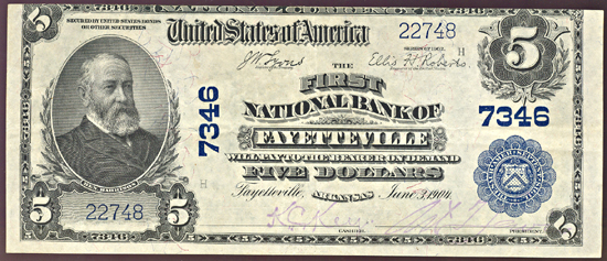 1902 $5.00. Fayetteville, AR Charter# 7346 Blue Seal. XF.