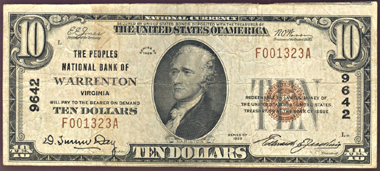 1929 $10.00. Warrenton, VA Charter# 9642 Ty. 1. F.