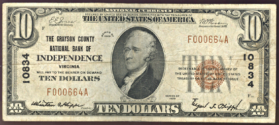 1929 $10.00. Independence, VA Charter# 10834 Ty. 1. F.