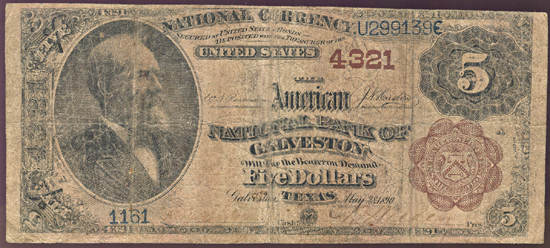 1882 $5.00. Galveston, TX Charter# 4321 Brown Back. VG.