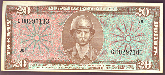 $20 Series 681 Military Payment Certificate.  XF.
