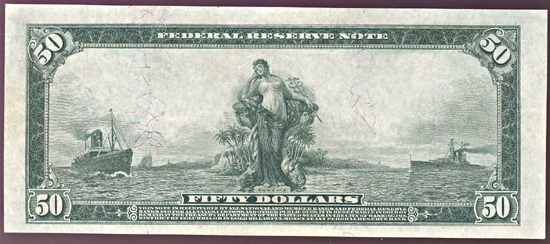 1914 $50.00 St. Louis.  Blue Seal. AU.