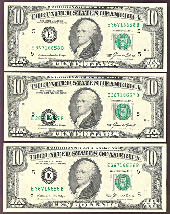 Run of three 1985 $10.00 Richmond, Error Middle Note.  GemCU.